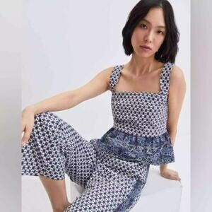 Veronica Beard Dova Printed Wide Leg Pants Blue White Size Medium‎